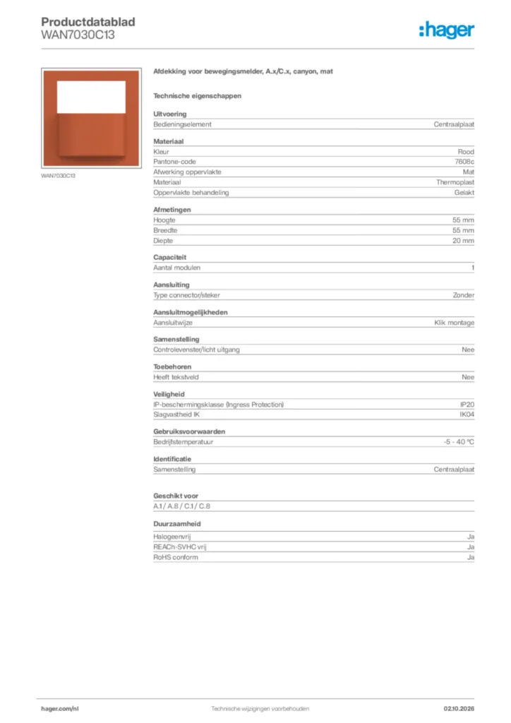 Afbeelding Hager Productdatablad WAN7030C13 | Hager Nederland
