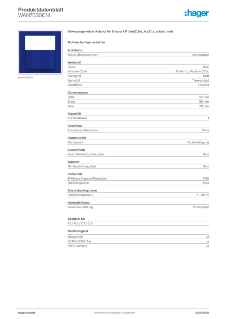Bild Hager Produktdatenblatt WAN7030C14 | Hager Deutschland