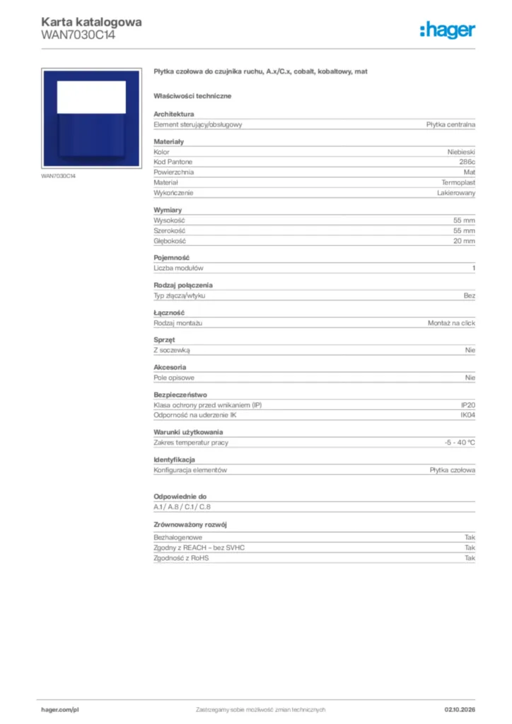 Zdjęcie Hager Karta katalogowa WAN7030C14 | Hager Polska