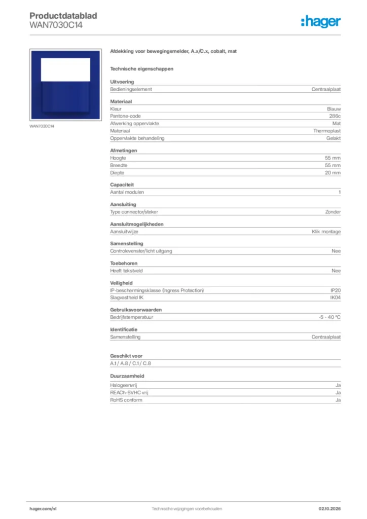 Afbeelding Hager Productdatablad WAN7030C14 | Hager Nederland