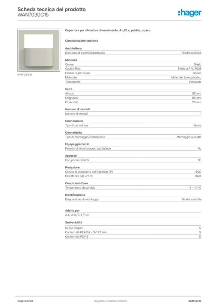 Immagine Hager Scheda tecnica del prodotto WAN7030C15 | Hager Italia