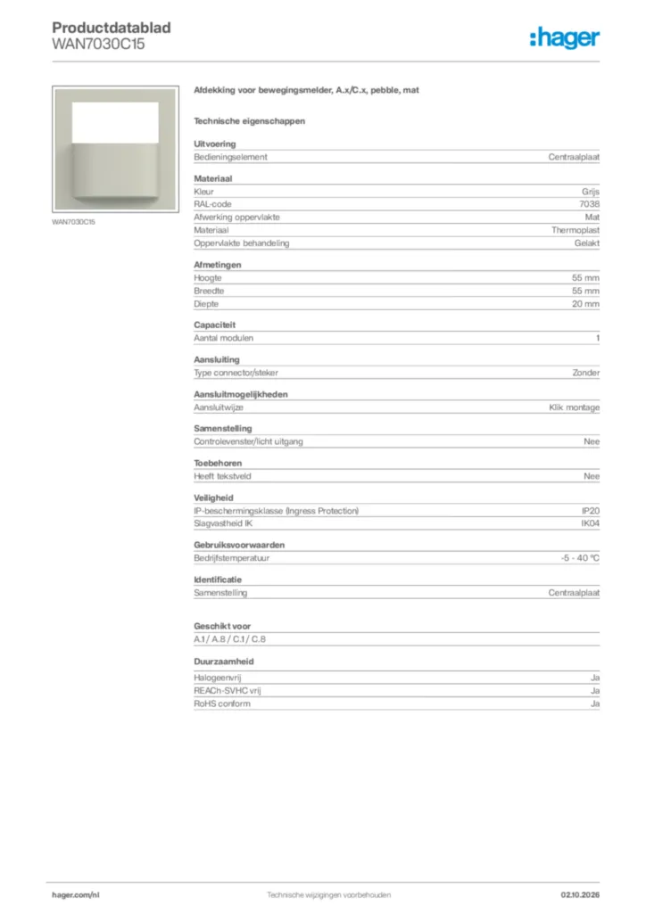 Afbeelding Hager Productdatablad WAN7030C15 | Hager Nederland