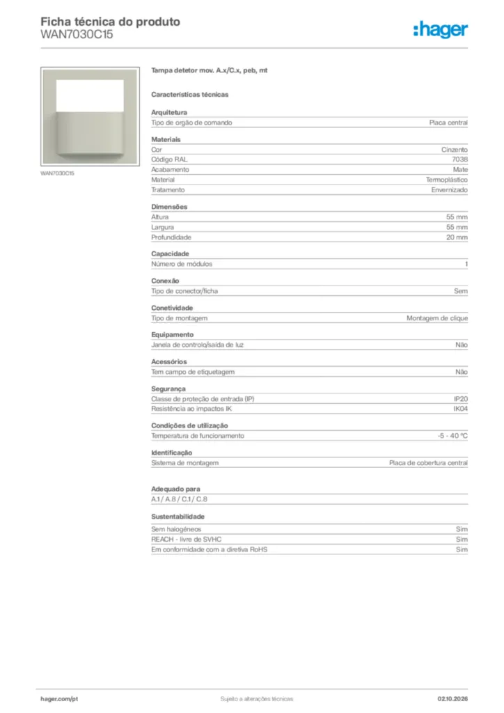 Imagem Hager Ficha técnica do produto WAN7030C15 | Hager Portugal