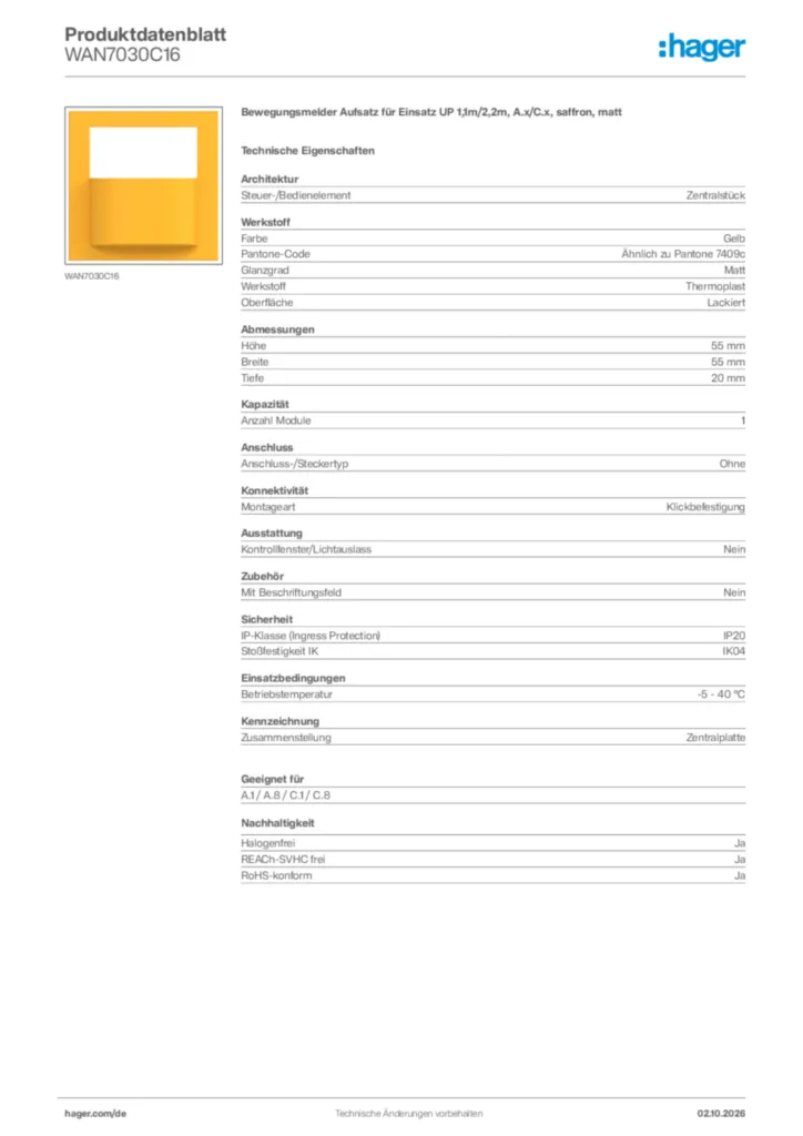 Bild Hager Produktdatenblatt WAN7030C16 | Hager Deutschland