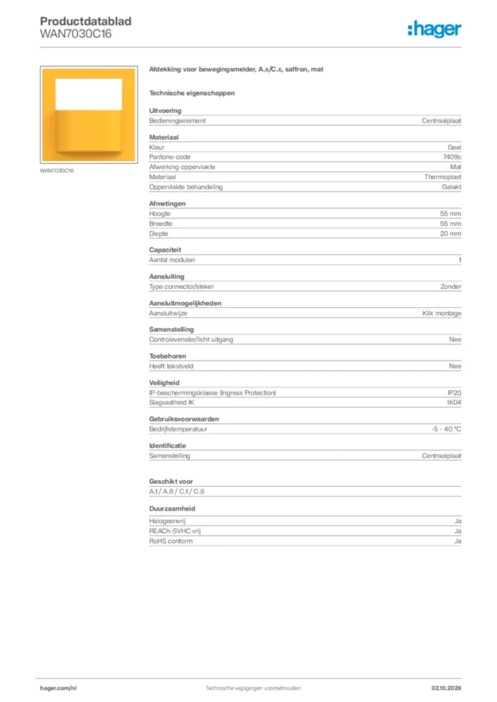 Afbeelding Hager Productdatablad WAN7030C16 | Hager Nederland