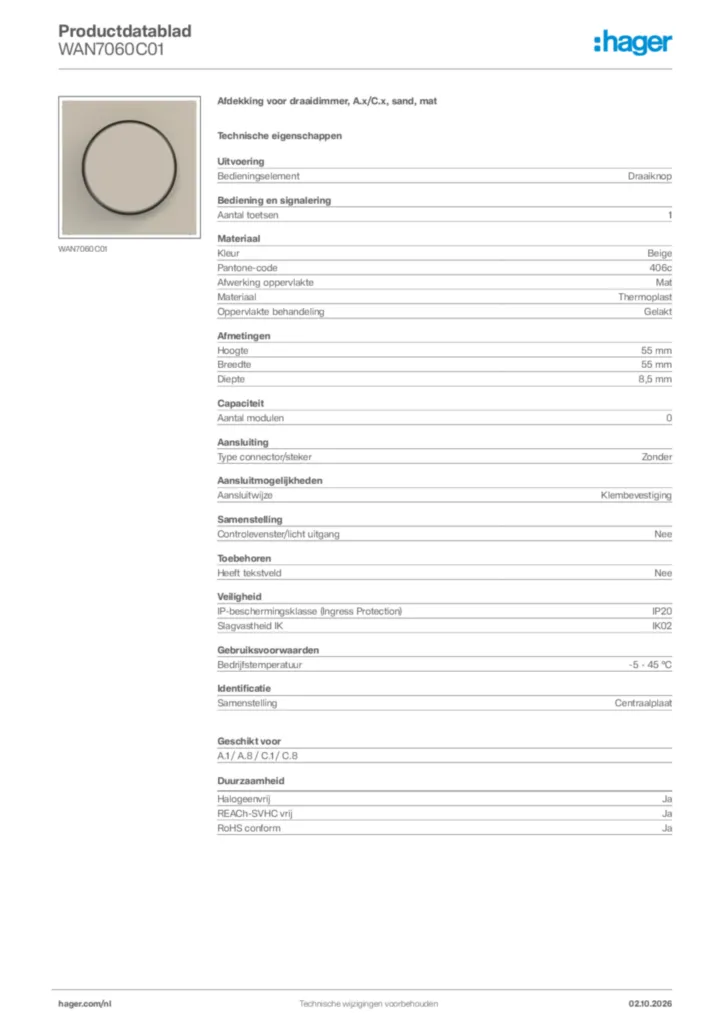 Afbeelding Hager Productdatablad WAN7060C01 | Hager Nederland