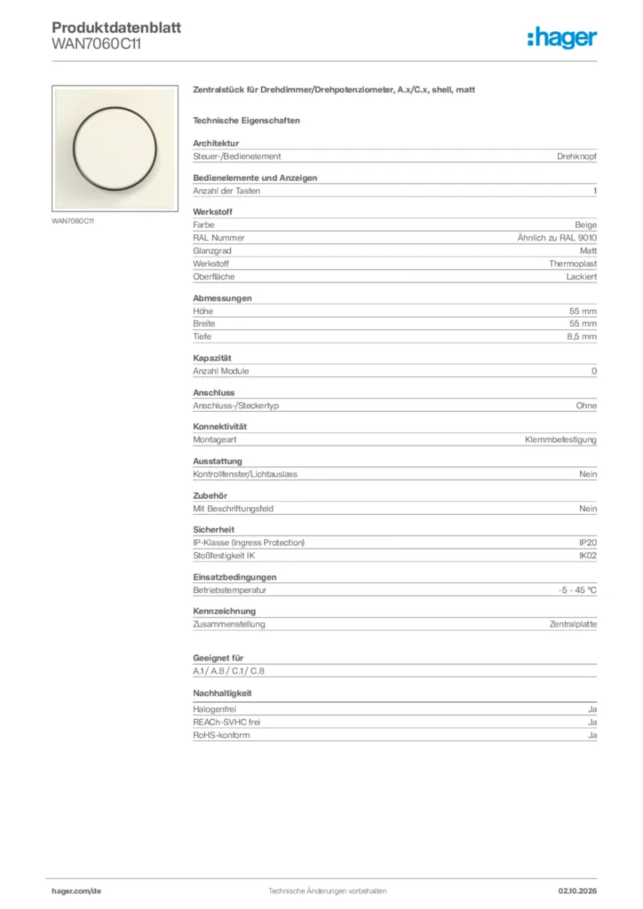 Bild Hager Produktdatenblatt WAN7060C11 | Hager Deutschland