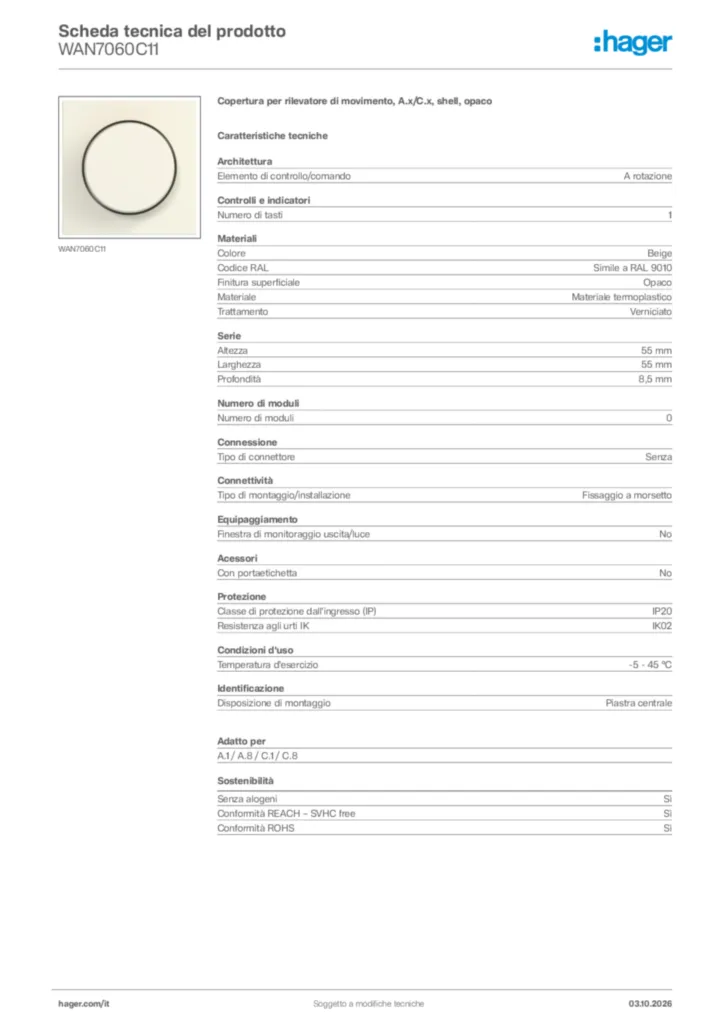 Immagine Hager Scheda tecnica del prodotto WAN7060C11 | Hager Italia
