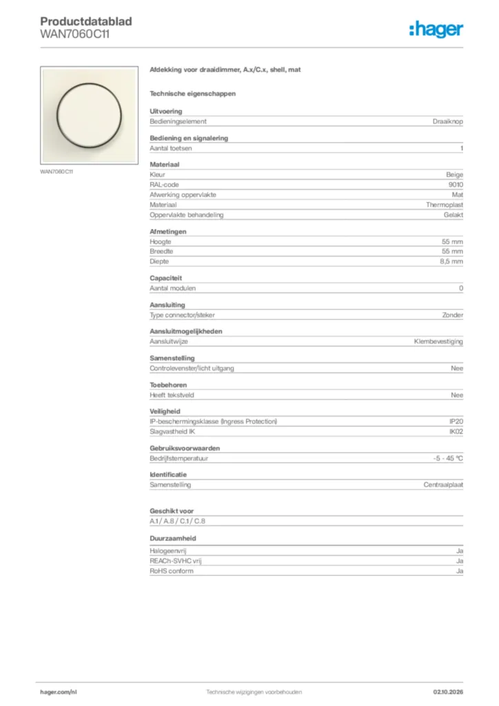 Afbeelding Hager Productdatablad WAN7060C11 | Hager Nederland