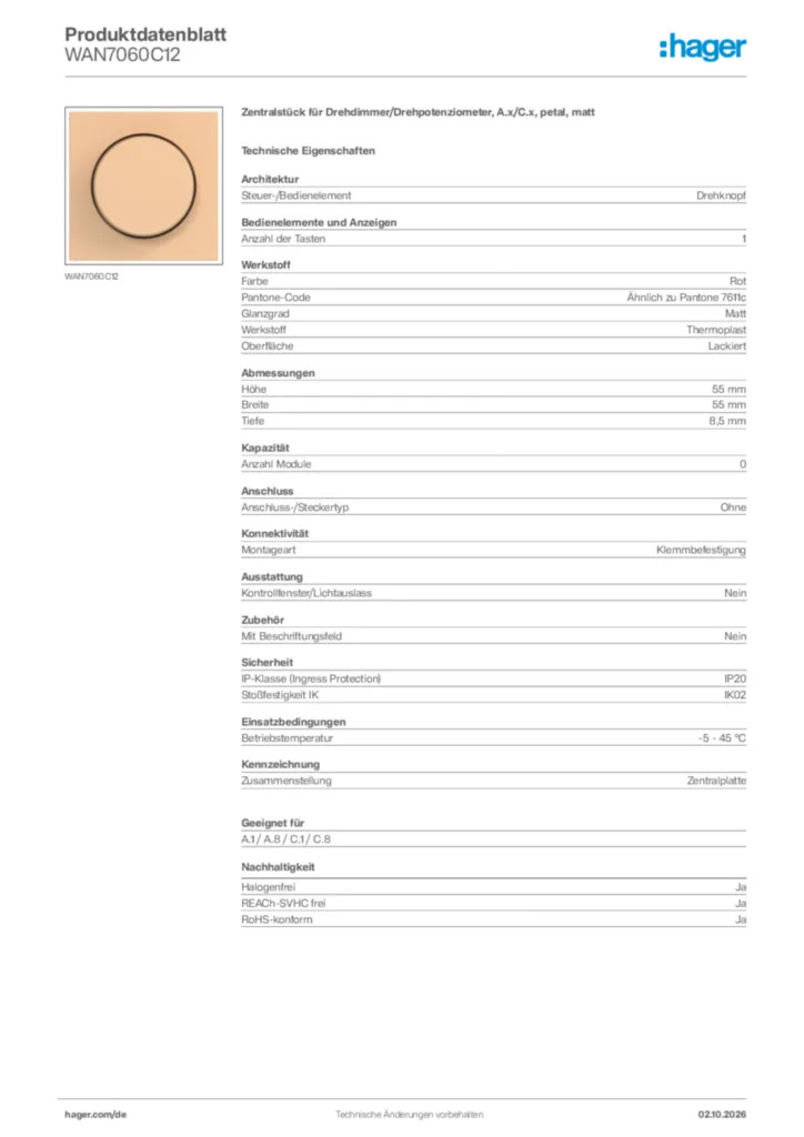 Bild Hager Produktdatenblatt WAN7060C12 | Hager Deutschland