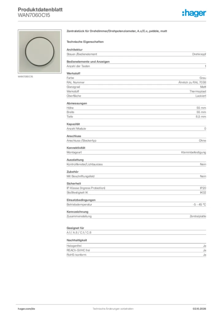 Bild Hager Produktdatenblatt WAN7060C15 | Hager Deutschland
