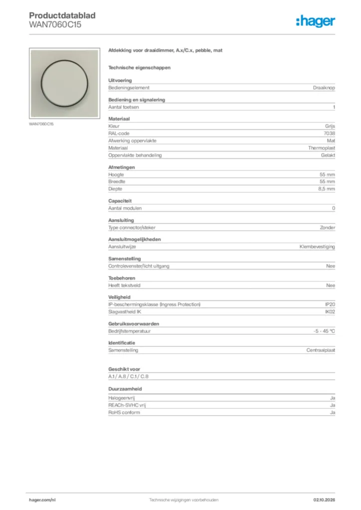 Afbeelding Hager Productdatablad WAN7060C15 | Hager Nederland