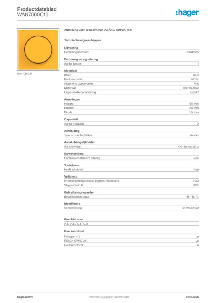 Afbeelding Hager Productdatablad WAN7060C16 | Hager Nederland