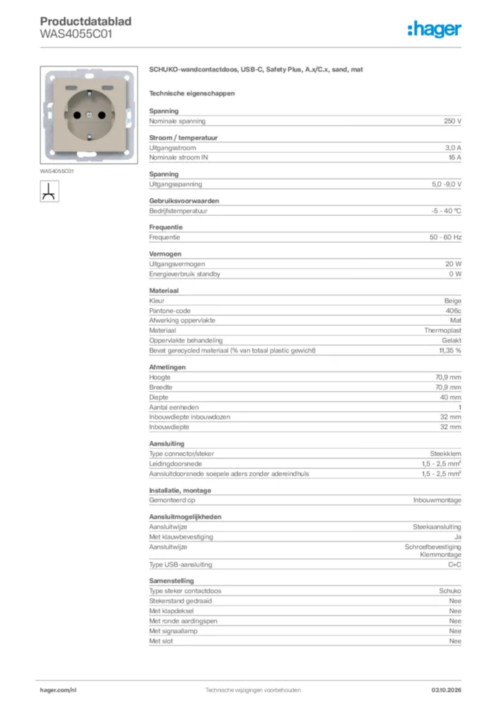 Afbeelding Hager Productdatablad WAS4055C01 | Hager Nederland