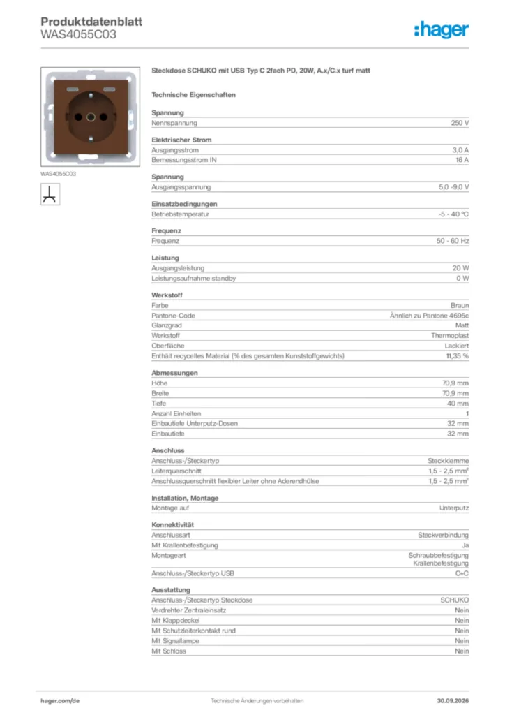 Bild Hager Produktdatenblatt WAS4055C03 | Hager Deutschland