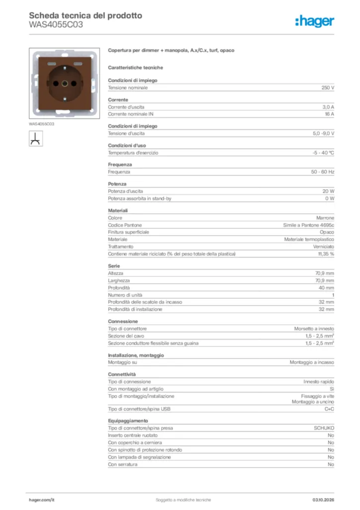 Immagine Hager Scheda tecnica del prodotto WAS4055C03 | Hager Italia