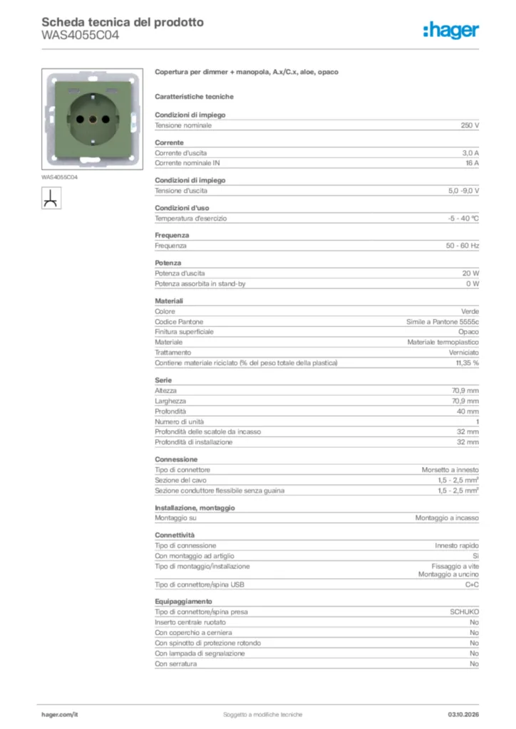 Immagine Hager Scheda tecnica del prodotto WAS4055C04 | Hager Italia
