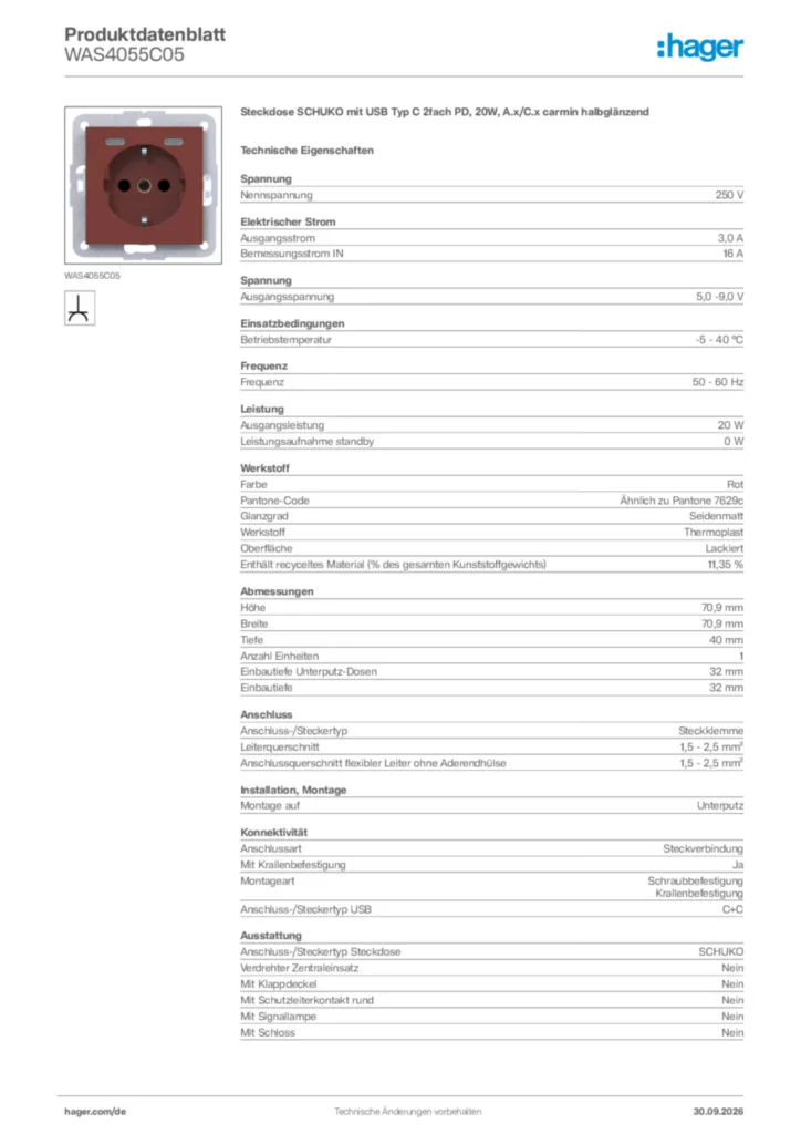 Bild Hager Produktdatenblatt WAS4055C05 | Hager Deutschland