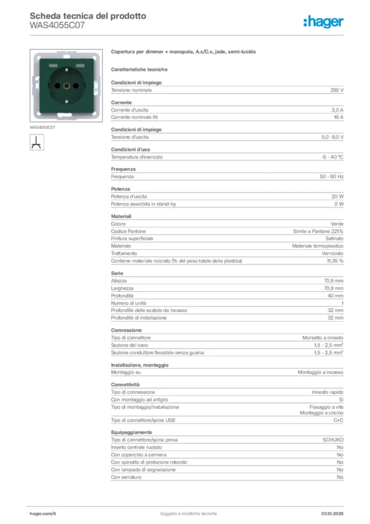 Immagine Hager Scheda tecnica del prodotto WAS4055C07 | Hager Italia
