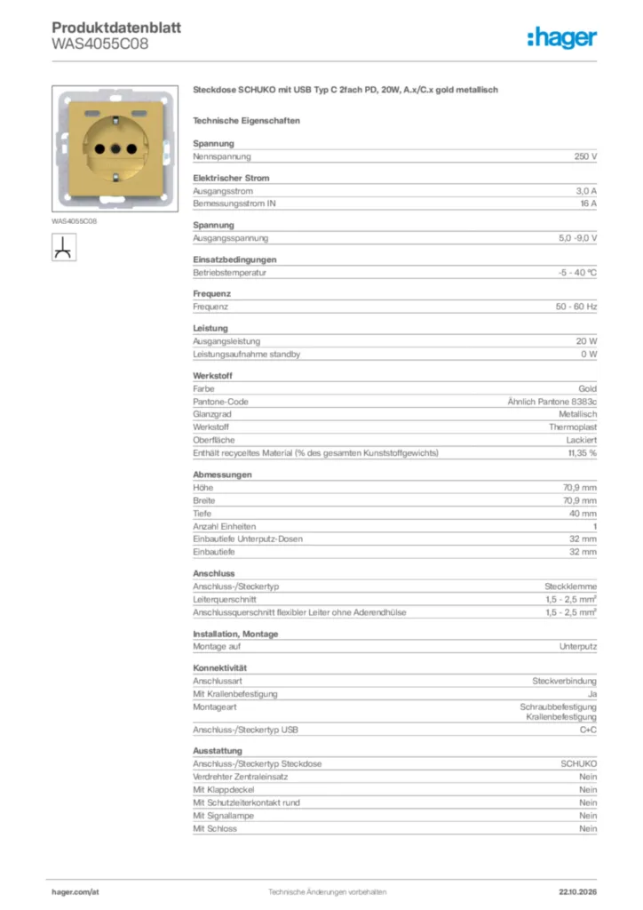 Bild Hager Produktdatenblatt WAS4055C08 | Hager Deutschland