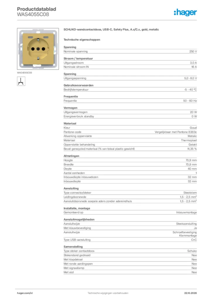 Afbeelding Hager Productdatablad WAS4055C08 | Hager Nederland