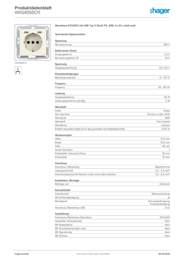 Bild Hager Produktdatenblatt WAS4055C11 | Hager Deutschland