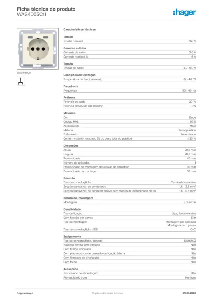 Imagem Hager Ficha técnica do produto WAS4055C11 | Hager Portugal