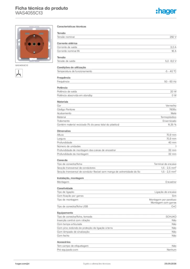 Imagem Hager Ficha técnica do produto WAS4055C13 | Hager Portugal