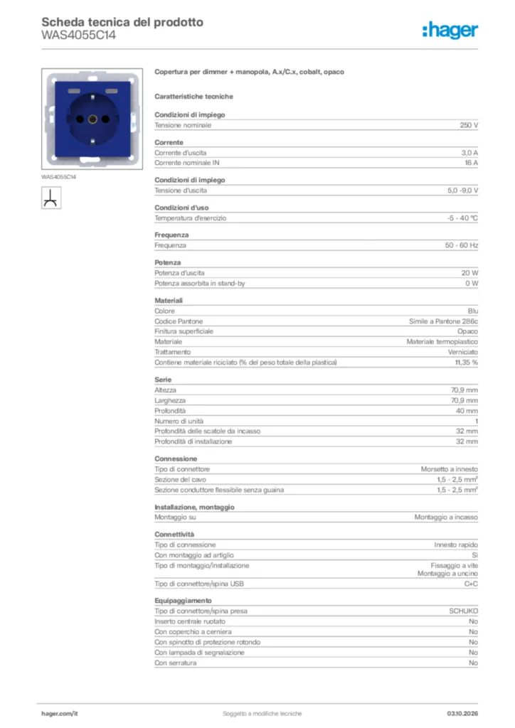 Immagine Hager Scheda tecnica del prodotto WAS4055C14 | Hager Italia