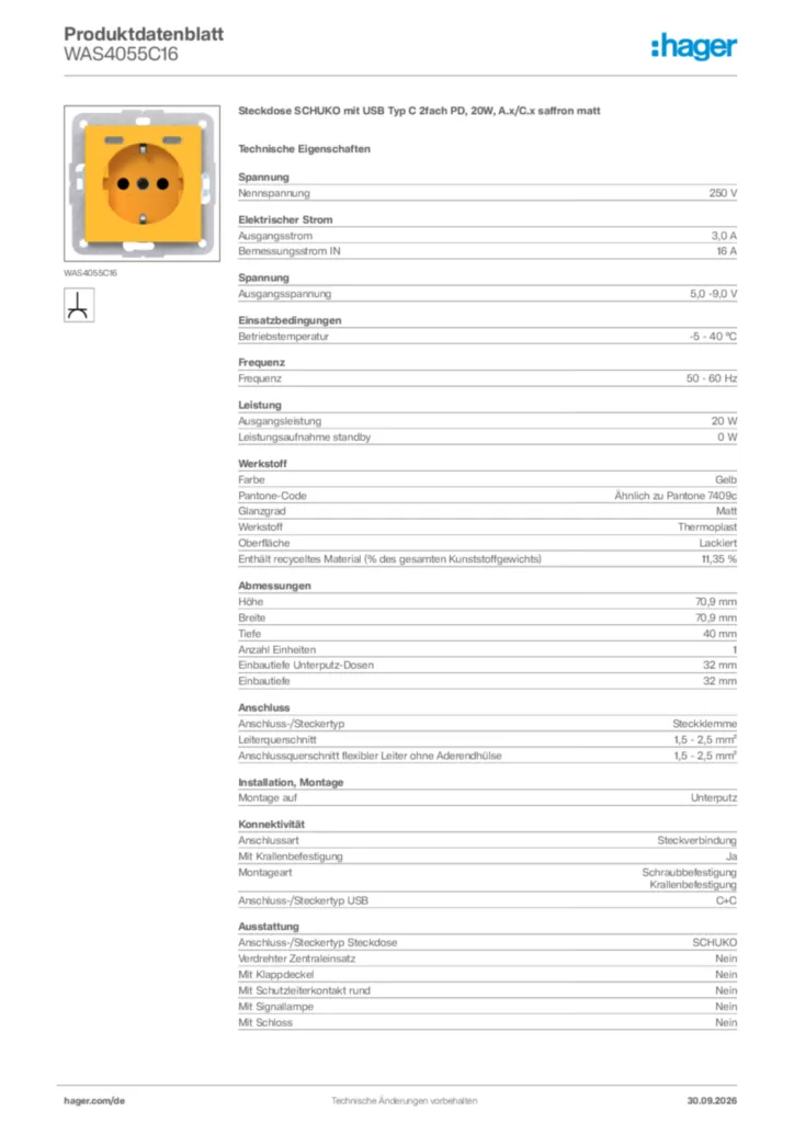 Bild Hager Produktdatenblatt WAS4055C16 | Hager Deutschland