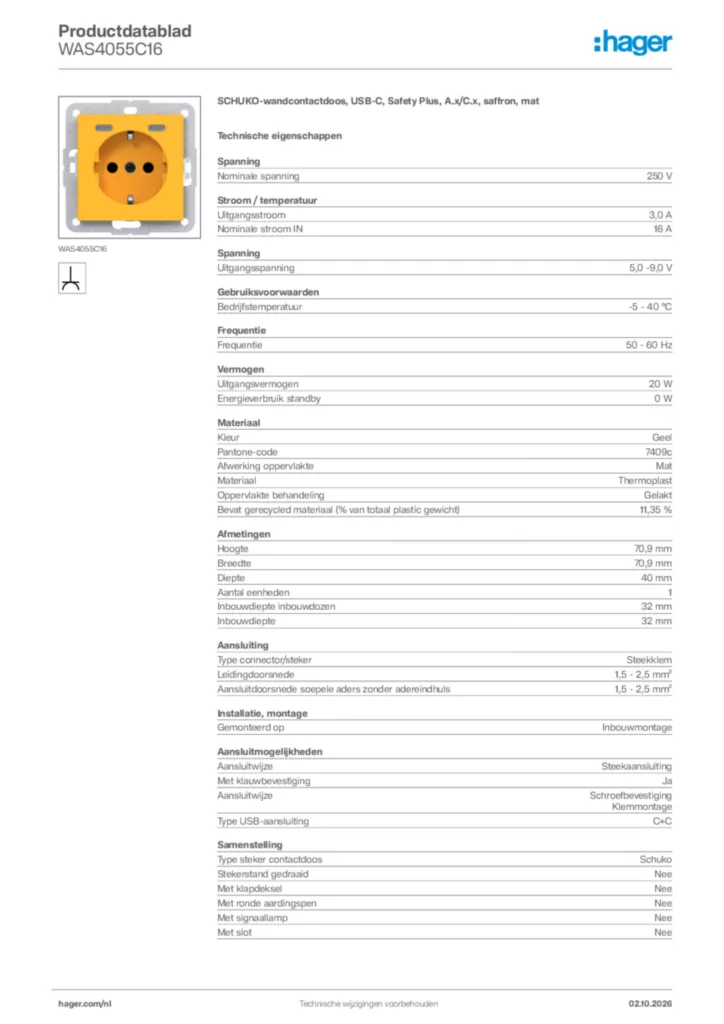 Afbeelding Hager Productdatablad WAS4055C16 | Hager Nederland