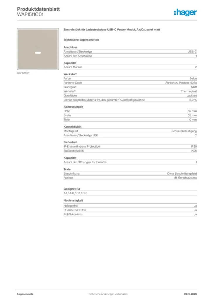 Bild Hager Produktdatenblatt WAF1511C01 | Hager Deutschland