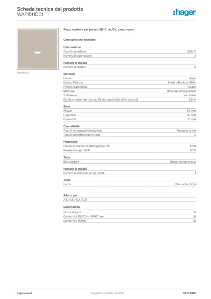 Immagine Hager Scheda tecnica del prodotto WAF1511C01 | Hager Italia