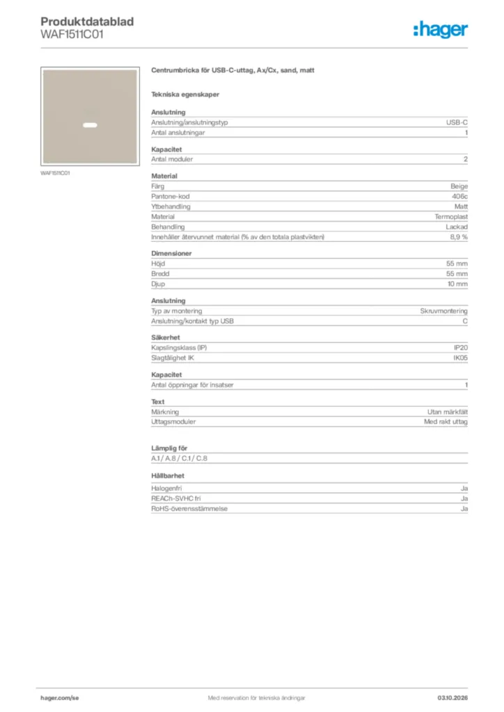 Bild Hager Produktdatablad WAF1511C01 | Hager Sverige