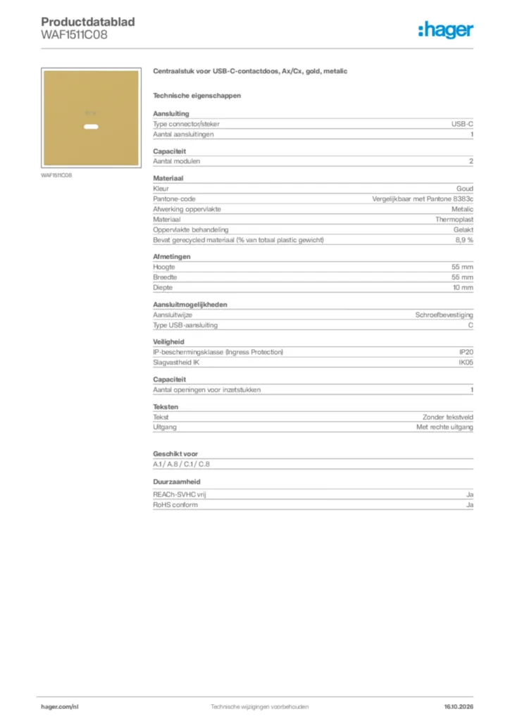 Afbeelding Hager Productdatablad WAF1511C08 | Hager Nederland