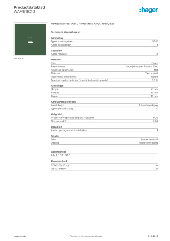 Afbeelding Hager Productdatablad WAF1511C10 | Hager Nederland