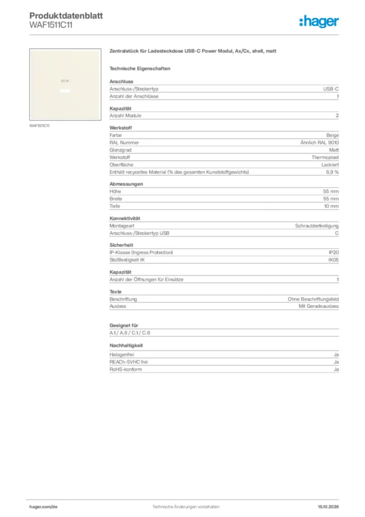 Bild Hager Produktdatenblatt WAF1511C11 | Hager Deutschland