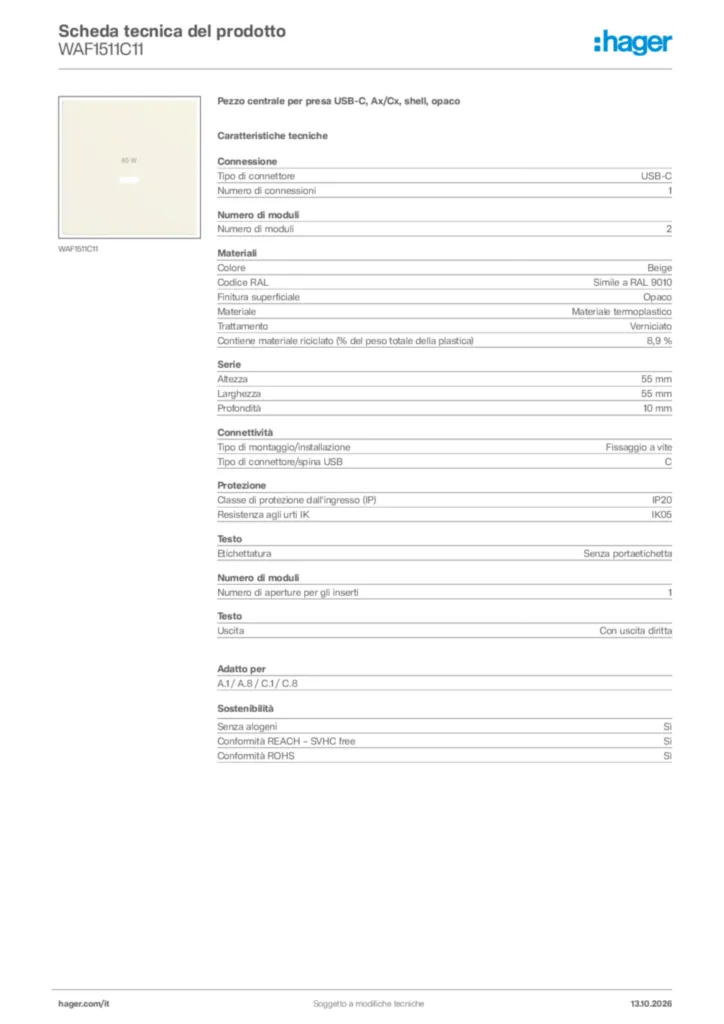 Immagine Hager Scheda tecnica del prodotto WAF1511C11 | Hager Italia