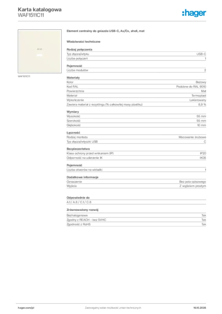 Zdjęcie Hager Karta katalogowa WAF1511C11 | Hager Polska