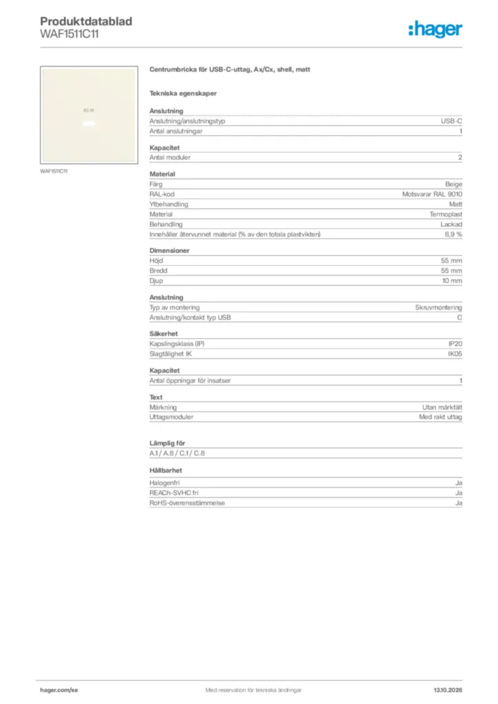 Bild Hager Produktdatablad WAF1511C11 | Hager Sverige