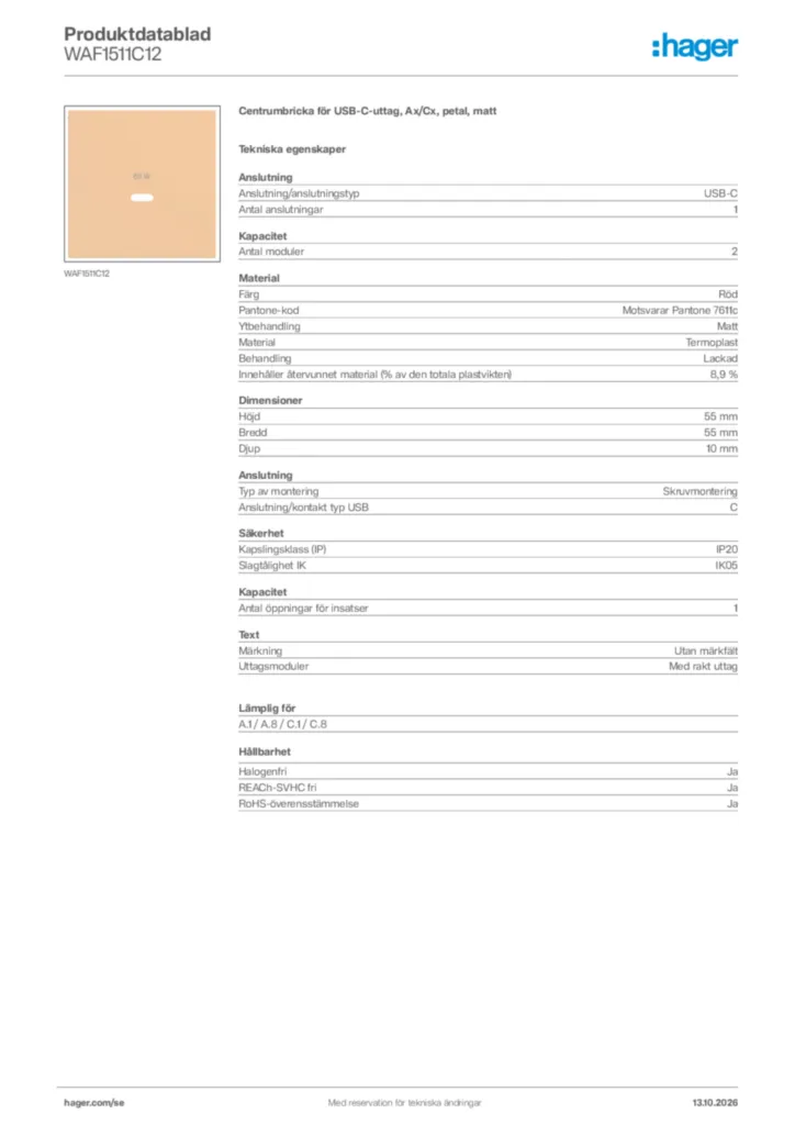 Bild Hager Produktdatablad WAF1511C12 | Hager Sverige