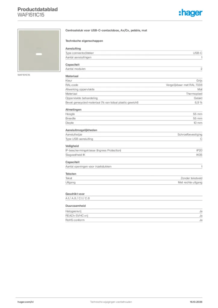 Afbeelding Hager Productdatablad WAF1511C15 | Hager Nederland