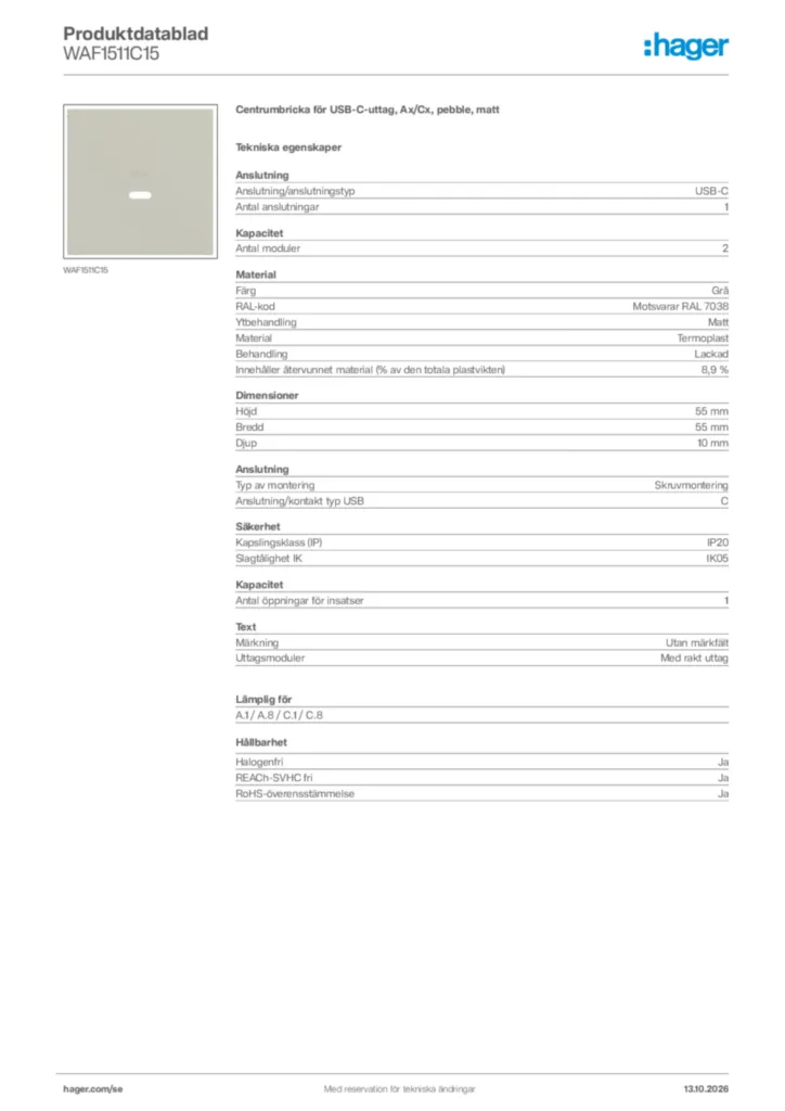 Bild Hager Produktdatablad WAF1511C15 | Hager Sverige