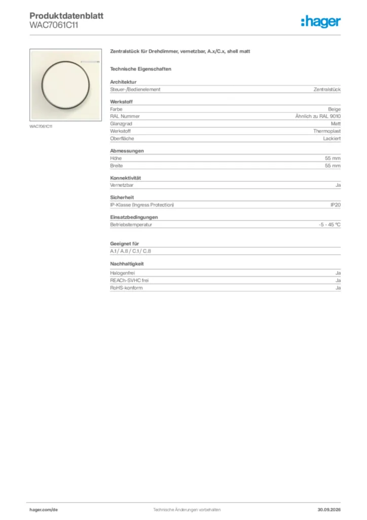 Bild Hager Produktdatenblatt WAC7061C11 | Hager Deutschland