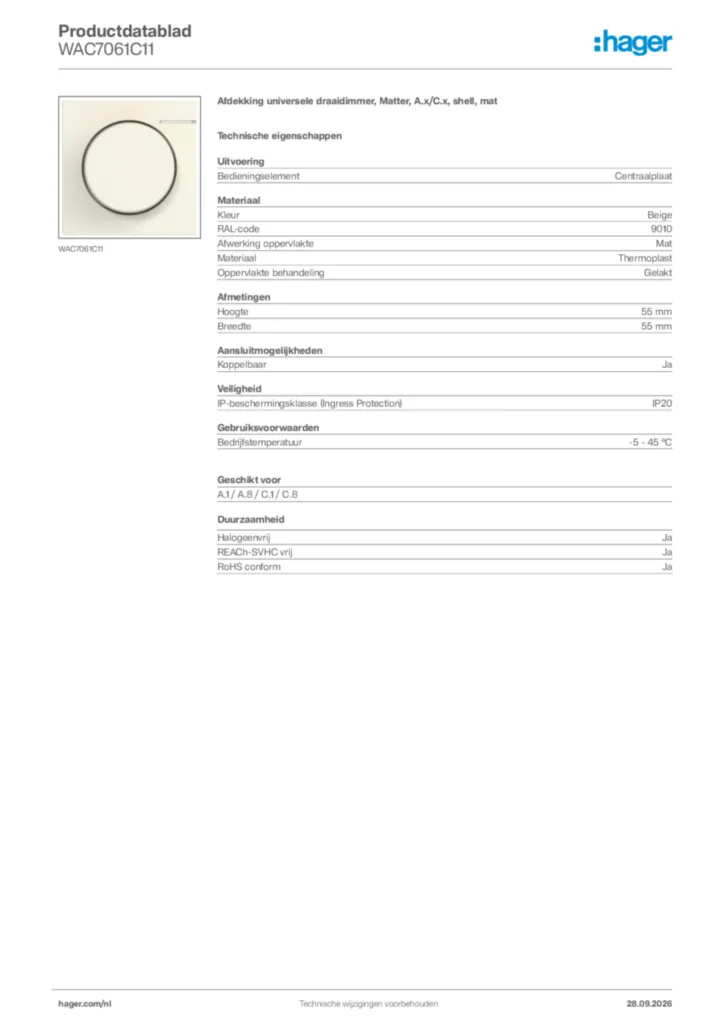 Afbeelding Hager Productdatablad WAC7061C11 | Hager Nederland