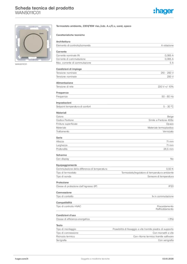 Immagine Hager Scheda tecnica del prodotto WAN5011C01 | Hager Italia