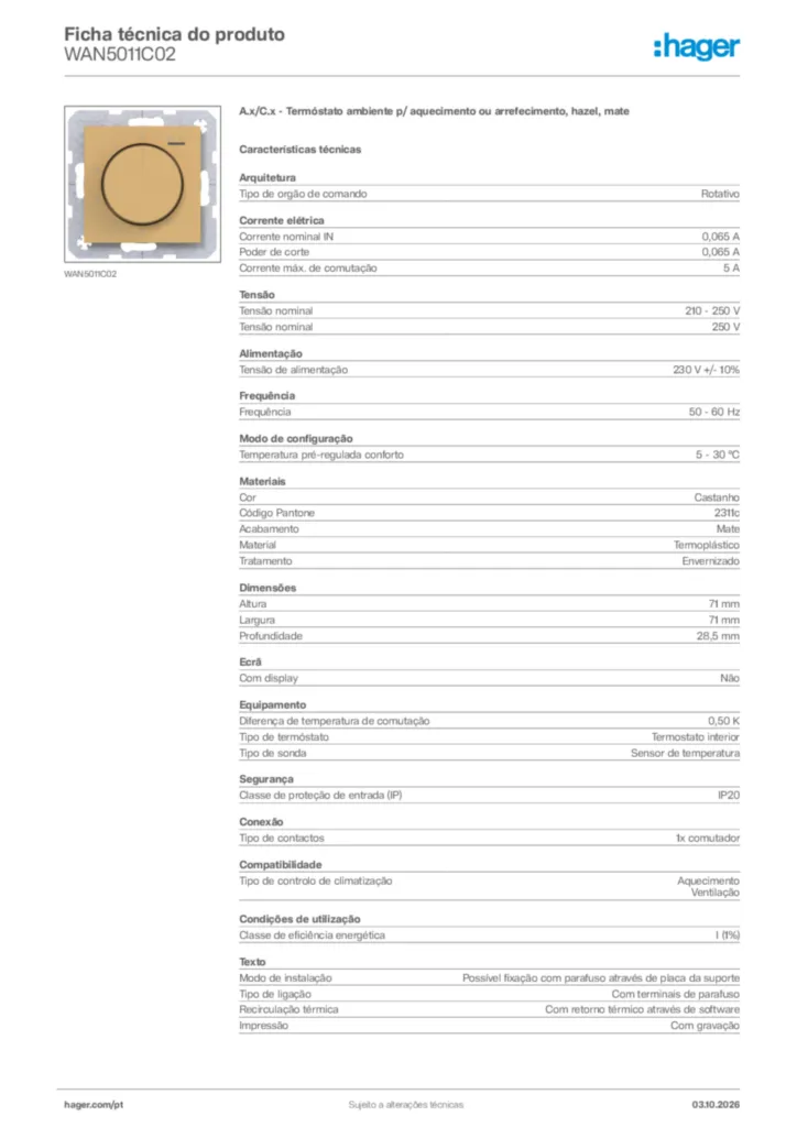 Imagem Hager Ficha técnica do produto WAN5011C02 | Hager Portugal