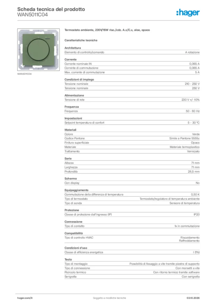 Immagine Hager Scheda tecnica del prodotto WAN5011C04 | Hager Italia