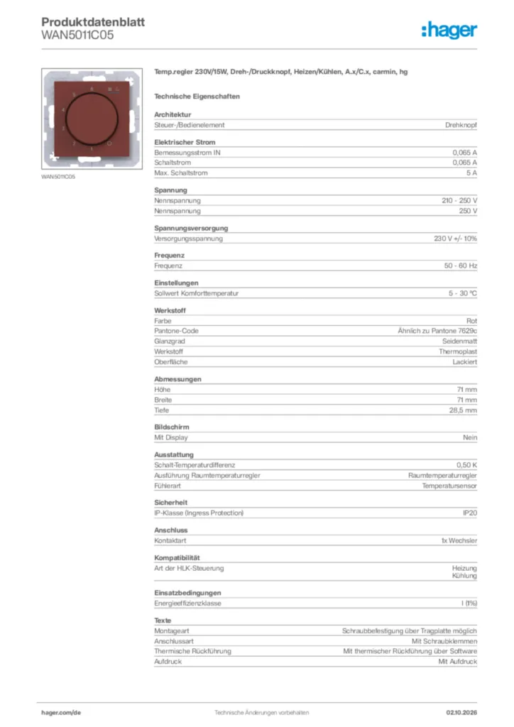 Bild Hager Produktdatenblatt WAN5011C05 | Hager Deutschland