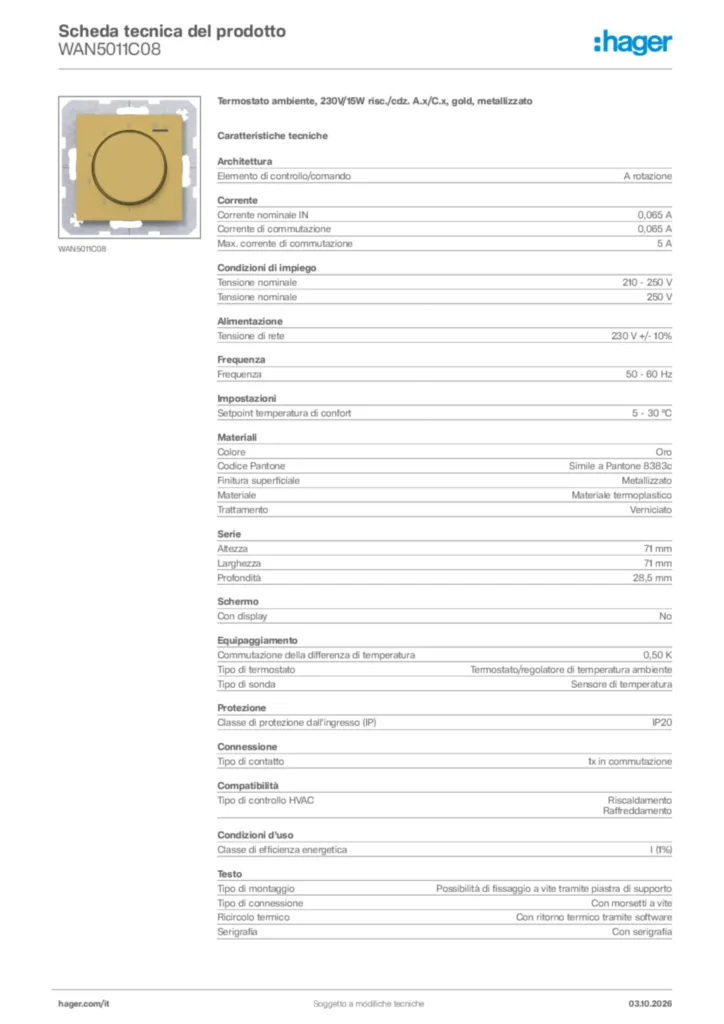Immagine Hager Scheda tecnica del prodotto WAN5011C08 | Hager Italia